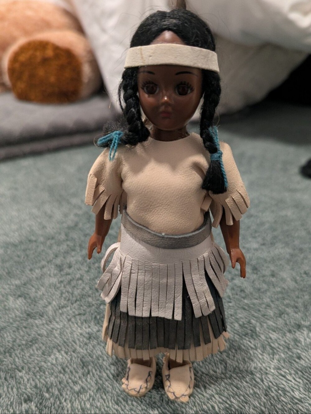 Vintage Native American Style Doll Sleep Eyes Fringe Feather Moccasins